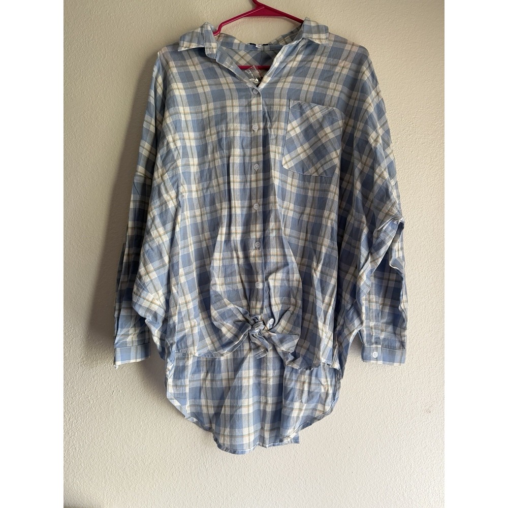 Fashion Nova Womens Long Sleeve Button‎ Up Shirt Blue White Plaid Size M New